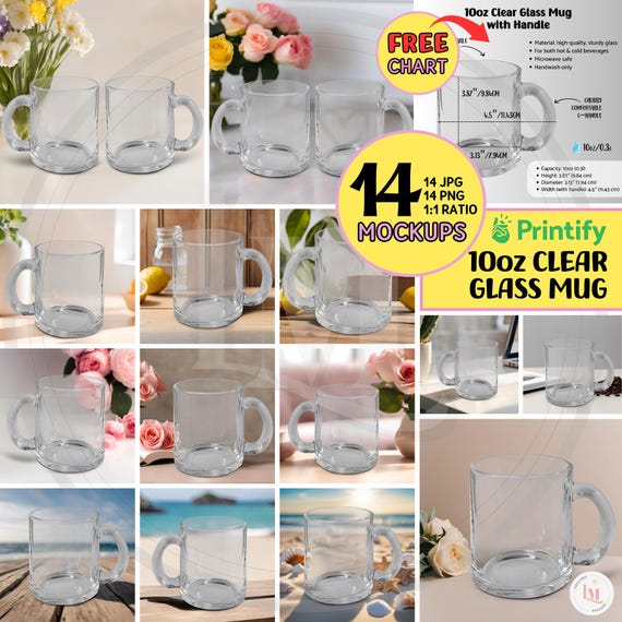 10oz CLEAR GLASS MUG Mockup Bundle Printify Clear Glass Mug w Handle  Mockup, Summer Seashell Beach Mockup,Office Mug Mock,His Hers Glass Mug