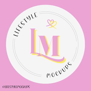 May include: A white circle with a pink and yellow logo that says "Lifestyle Mockups" and "LM" with two hearts above the letters.