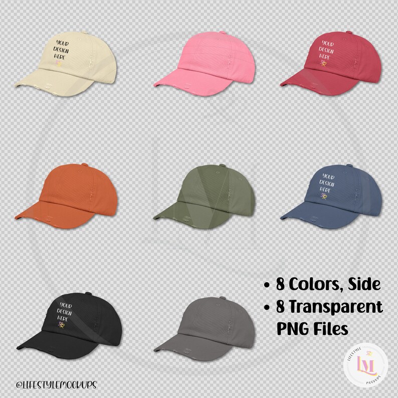 Transparent png product images, side of District DT600 Unisex Distressed Cap. 8 colors. Instant digital download for Etsy listings, Amazon Product Listings, Walmart Product Listings, Shopify, WebDesign, Social Media. From LifestyleMockupsByM Etsy.