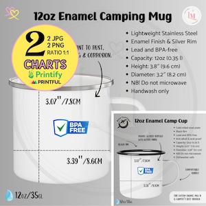 SIZE CHART 12oz Enamel Camping Mug Features Printify ORCA 12oz Enamel Camp Cup Dimensions, Black Rim Mug, Silver Rim Enamel Mug Sizing Guide
