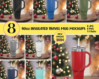 Puede incluir: Ocho tazas de viaje aisladas de 40 oz en varios colores, incluyendo negro, azul, verde, gris, blanco, rojo y azul, con una pajita en cada taza. Las tazas están dispuestas en una cuadrícula sobre una superficie de madera con un árbol de Navidad en el fondo.