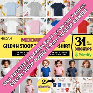 May include: A set of 31 toddler t-shirt mockups in 7 colours. The mockups are arranged in a grid with a yellow and green background. The text "Visit Lifestyle Mockups by M to see our 7 colours Gildan 5100P Toddler T-Shirt Mockup Bundle" is displayed across the top of the image. The text "31 Mockups" is displayed in the bottom right corner of the image.