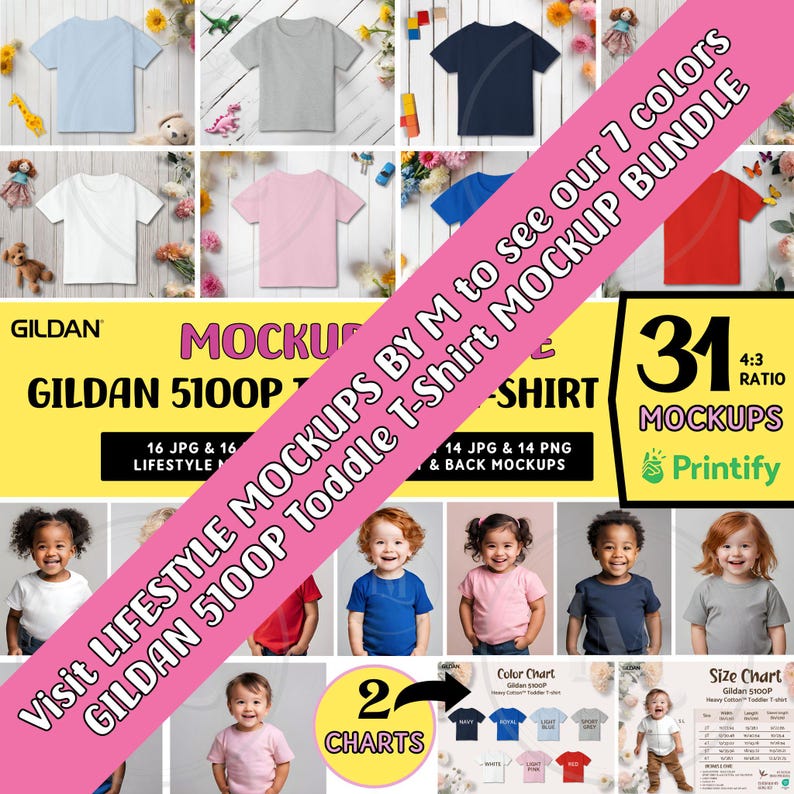 May include: A set of 31 toddler t-shirt mockups in 7 colours. The mockups are arranged in a grid with a yellow and green background. The text "Visit Lifestyle Mockups by M to see our 7 colours Gildan 5100P Toddler T-Shirt Mockup Bundle" is displayed across the top of the image. The text "31 Mockups" is displayed in the bottom right corner of the image.