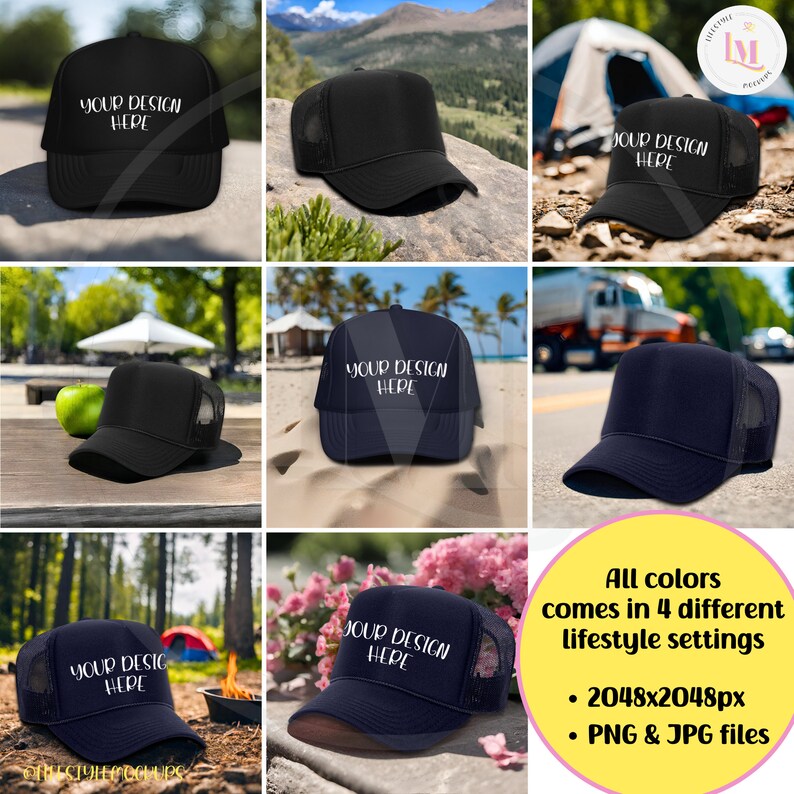 Lifestyle Mockup bundle with Black OTTO Foam Trucker Hat 39-165, and Navy OTTO Foam Trucker Hat 39-165. Instant digital download for Etsy listings, Amazon lifestyle product photos, Walmart listings, Shopify, social Media. From Lifestyle Mockups By M.
