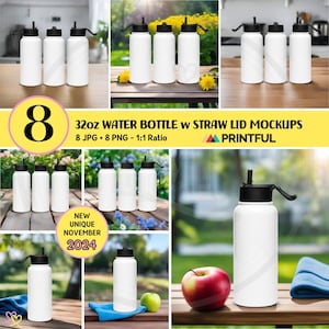 32oz WATER BOTTLE Mockup Bundle Printful 32oz Stainless Steel Water Bottle Straw Lid Mockup, Outdoors, All sides 32oz Insulated Water Bottle