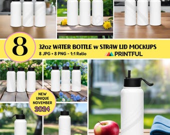 32oz BUTELKA NA WODĘ Mockup Bundle Printful 32oz Butelka na wodę ze stali nierdzewnej Mockup słomki, na zewnątrz, ze wszystkich stron 32oz Butelka na wodę z izolacją