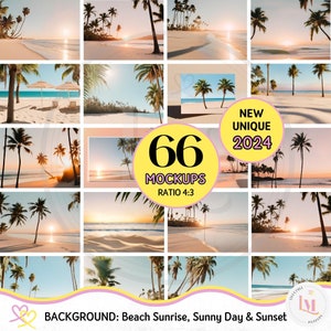 May include: A collage of 66 beach scene mockups with palm trees, blue skies, and golden sunsets. The text "66 Mockups Ratio 4:3" and "New Unique 2024" are displayed on the image.