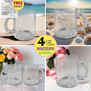 10oz CLEAR GLASS MUG Mockup Bundle Printify Glass Mug w Handle Mockup, Summer Mockup Seashell Beach,His Hers Glass Mug 10oz Clear Mug Mockup