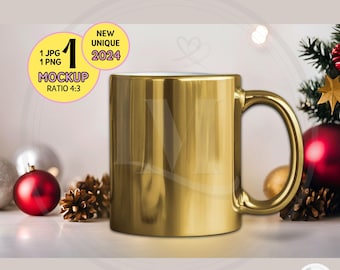 METALLIC GOLD MUG Mockup Christmas Mug Mockup, 11oz Gold Coffee Mug, Christmas Mockup,Glossy Golden Mug Christmas theme Digital Download jpg