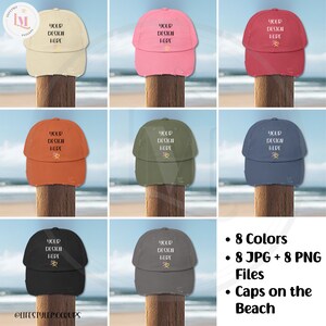 District DT600 Unisex Distressed Cap Lifestyle Mockups Bundle. Product photos of the baseball hat on a beach. 8 colors. Instant digital download for Etsy listings, Amazon Product Listings, Walmart Product Listings, Shopify, WebDesign, Social Media.
