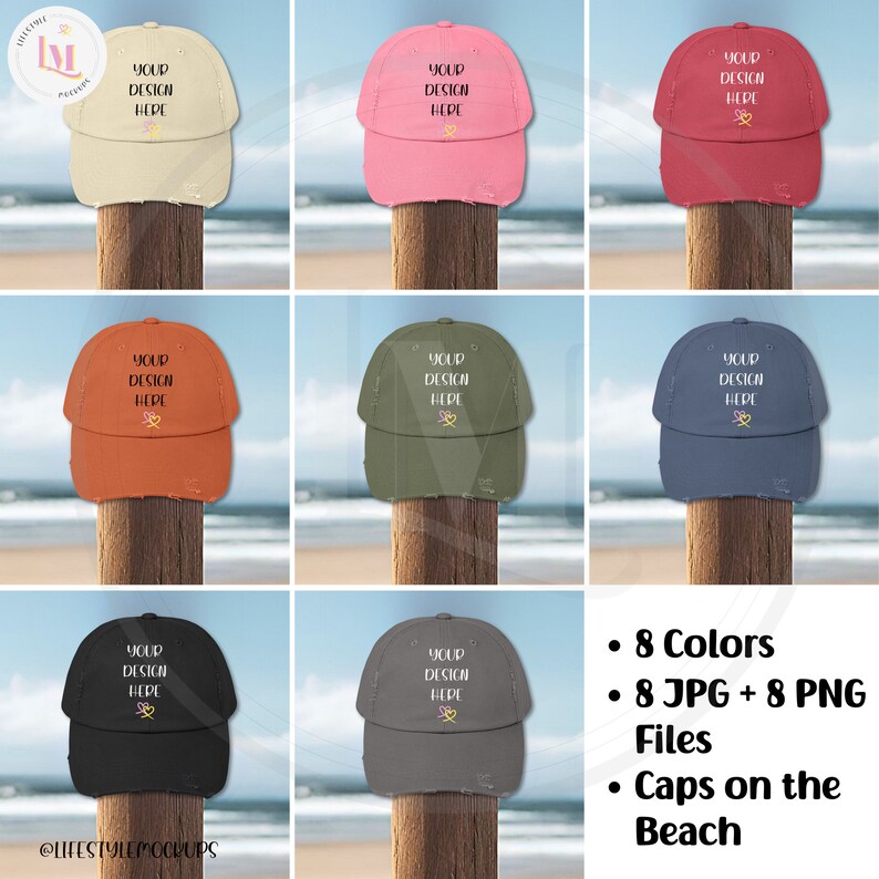 District DT600 Unisex Distressed Cap Lifestyle Mockups Bundle. Product photos of the baseball hat on a beach. 8 colors. Instant digital download for Etsy listings, Amazon Product Listings, Walmart Product Listings, Shopify, WebDesign, Social Media.
