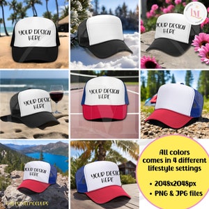 Lifestyle Mockup bundle with Black/White OTTO Foam Trucker Hat 39-165, and Royal Blue/Red/White OTTO Foam Trucker Hat 39-165. Digital download for Etsy listings, Amazon lifestyle products, Walmart listings, Shopify and social Media.