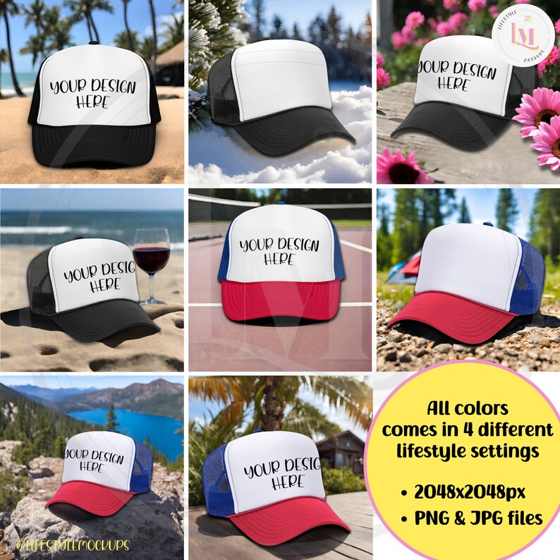 Lifestyle Mockup bundle with Black/White OTTO Foam Trucker Hat 39-165, and Royal Blue/Red/White OTTO Foam Trucker Hat 39-165. Digital download for Etsy listings, Amazon lifestyle products, Walmart listings, Shopify and social Media.