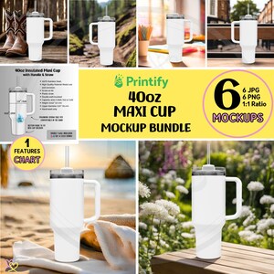Puede incluir: Un paquete de maquetas de seis vasos maxi aislados de 40 oz con asas y pajitas. Los vasos son blancos y tienen una tapa negra. El paquete incluye seis archivos JPG y seis archivos PNG en una proporción de 1:1.