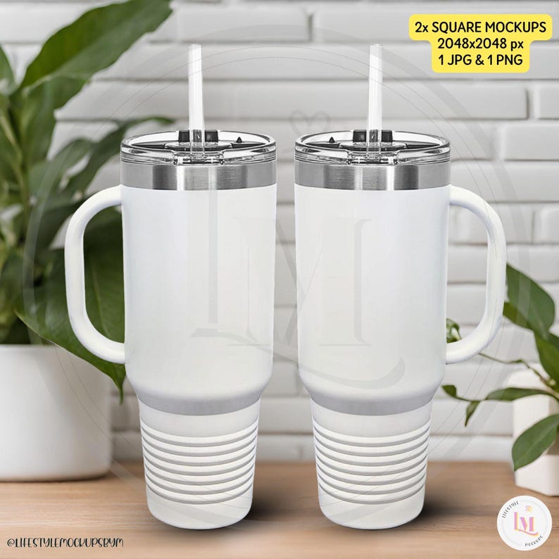 Two white 40 oz Polar Camel Insulated Travel Mugs mockup bundle. Aesthetic and minimalistic lifestyle mockups for instant download. Etsy, Amazon, eBay, Shopify. From LifestyleMockupsByM Mockups Shop on Etsy.