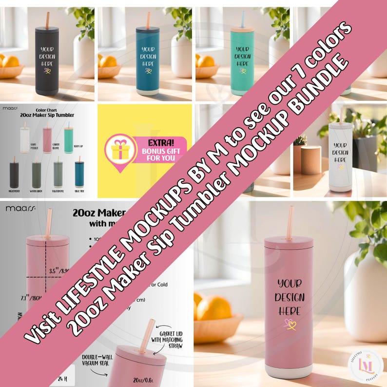 May include: A set of seven 20-ounce stainless steel tumbler mockups with a straw and a lid. The tumblers are in various colours, including pink, blue, green, and white. The tumblers are shown on a variety of surfaces, including a table, a countertop, and a windowsill. The text "Visit LIFESTYLE MOCKUPS BY M to see our 7 colours 20oz Maker Sip Tumbler MOCKUP BUNDLE" is displayed on the image.