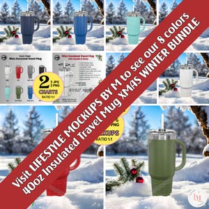 May include: A set of eight 40-ounce insulated travel mugs with handles and straws. The mugs are shown in various colours, including blue, green, white, and red. The mugs are displayed on a snowy background with pine branches and red baubles. Visit Lifestyle Mockups by M to see our 8 colours 40oz Insulated Travel Mug Xmas Winter Bundle.