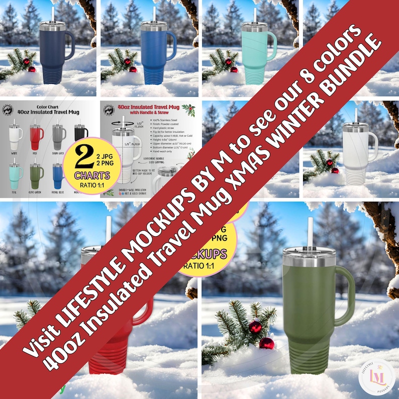 May include: A set of eight 40-ounce insulated travel mugs with handles and straws. The mugs are shown in various colours, including blue, green, white, and red. The mugs are displayed on a snowy background with pine branches and red baubles. Visit Lifestyle Mockups by M to see our 8 colours 40oz Insulated Travel Mug Xmas Winter Bundle.