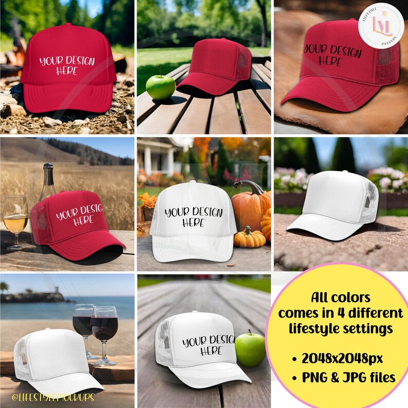 Lifestyle Mockup bundle with Red OTTO Foam Trucker Hat 39-165, and White OTTO Foam Trucker Hat 39-165. Instant digital download for Etsy listings, Amazon lifestyle product photos, Walmart listings, Shopify, social Media. From Lifestyle Mockups By M.