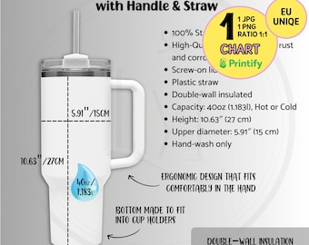 40oz MAXI CUP Features Printify 40oz Tumbler Size Chart, 40oz Maxi Travel Mug with Handle Straw Information,EU Market Cup Digital Size Chart