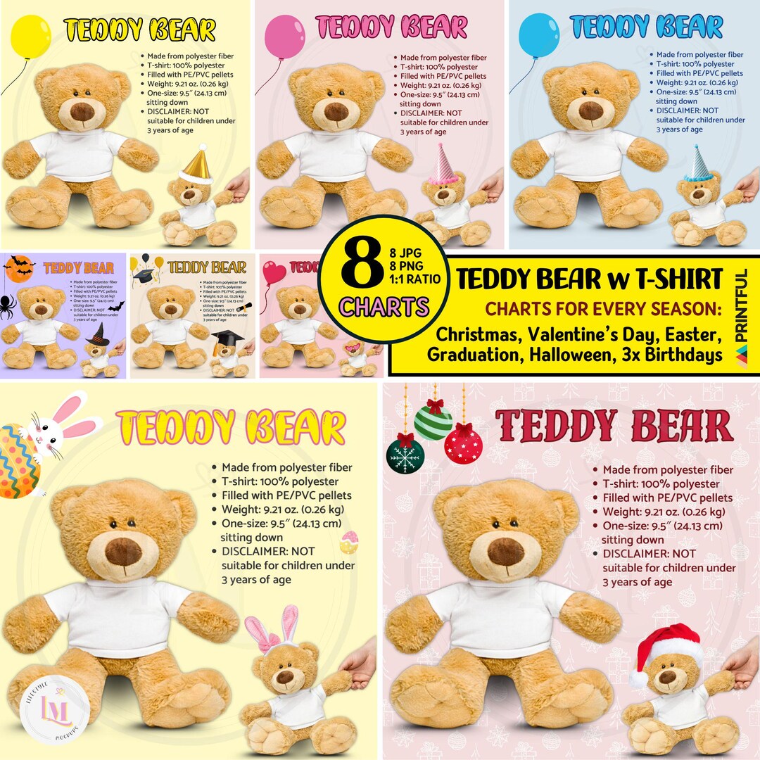 SIZE CHART TEDDY Bear With T-shirt Chart, Printful Teddy Bear Features, Customizable Teddy Bear ...