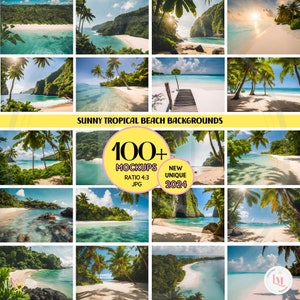 Peut inclure: Un collage de 12 fonds d'écran de plage tropicale ensoleillée avec des palmiers, du sable blanc et de l'eau turquoise. Le texte "100+ Mockups, Ratio 4:3, JPG, New Unique 2024" est dans un cercle jaune.