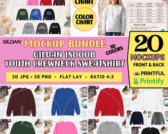 GILDAN 18000B Youth Sweatshirt Mockup Bundle Youth Gildan Sweatshirt Front and Back Mock up,Youth Crewneck Sweatshirt Flat Lay product photo