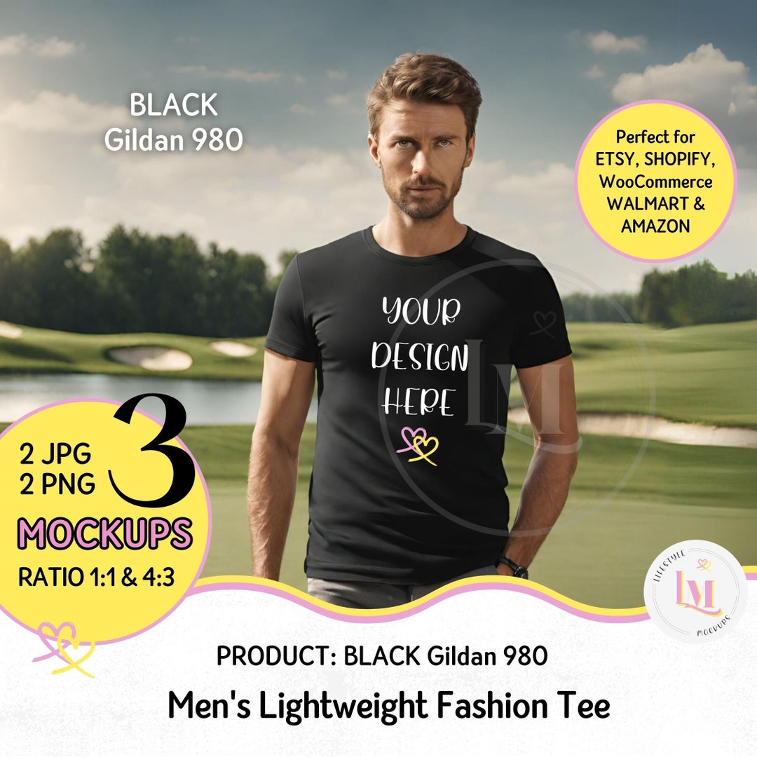 BLACK GOLF TSHIRT Mockup Bundle, Gildan 980 Black Men's Lightweight