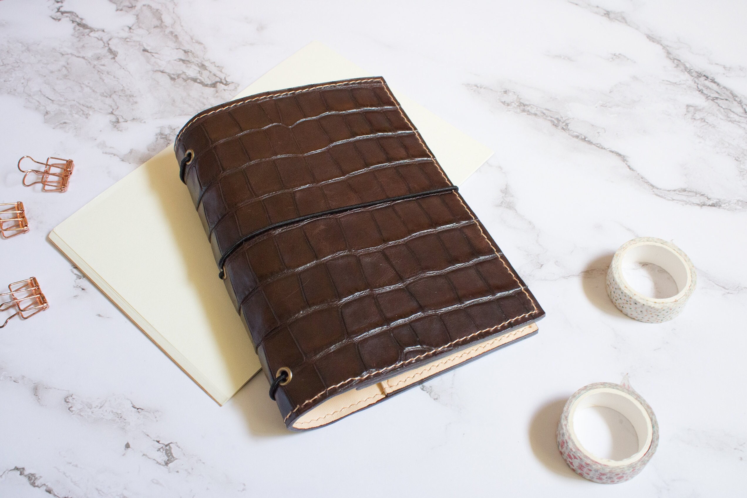 A6 Handmade Croco Leather Bullet Journal Cover for Refillable Travelers Notebook Moleskine