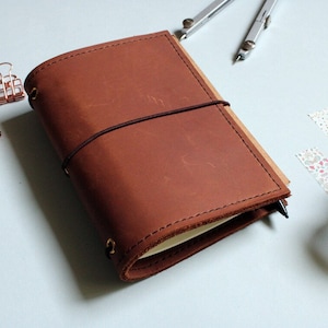 Brown Leather Bullet Journal Cover for Travelers Notebook, Fauxdori and Midori Refillable Planner in A5 A6 B6 Slim Pocket & Cahier Sizes