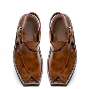 May include: A pair of brown leather shoes with pointed toes and a strap across the ankle. The shoes have a decorative stitching pattern around the edges.