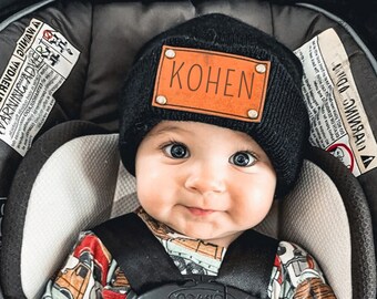 customized Baby Beanie, Personalized Infant Beanie With Name, Leather Patch Beanie for Baby Knit Hat, Baby Shower Gift, Vegan Leather Patch