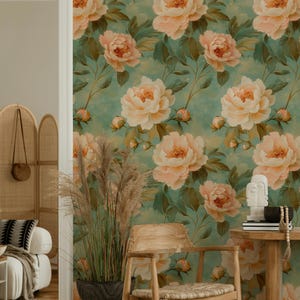 Carta da parati floreale shabby chic / Carta da parati murale vintage con peonie pesca / Design floreale chic