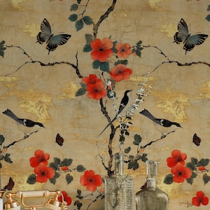 Carta da parati giapponese con fiori di ciliegio dorati - Decorazione murale tradizionale asiatica - Rotolo di lusso staccabile e attaccabile