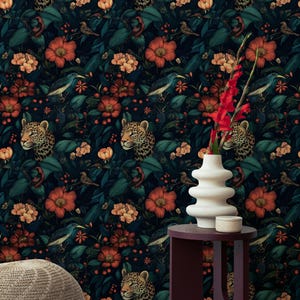 Mystical Jungle Leopard Wallpaper | Dark Tropical Peel and Stick Wall Mural with Exotic Birds