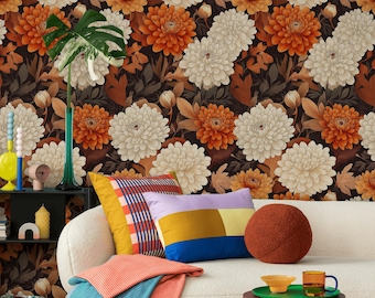 Autumn Chrysanthemum Wallpaper | Orange & Cream Floral Wall Mural | Botanical Peel and Stick Roll