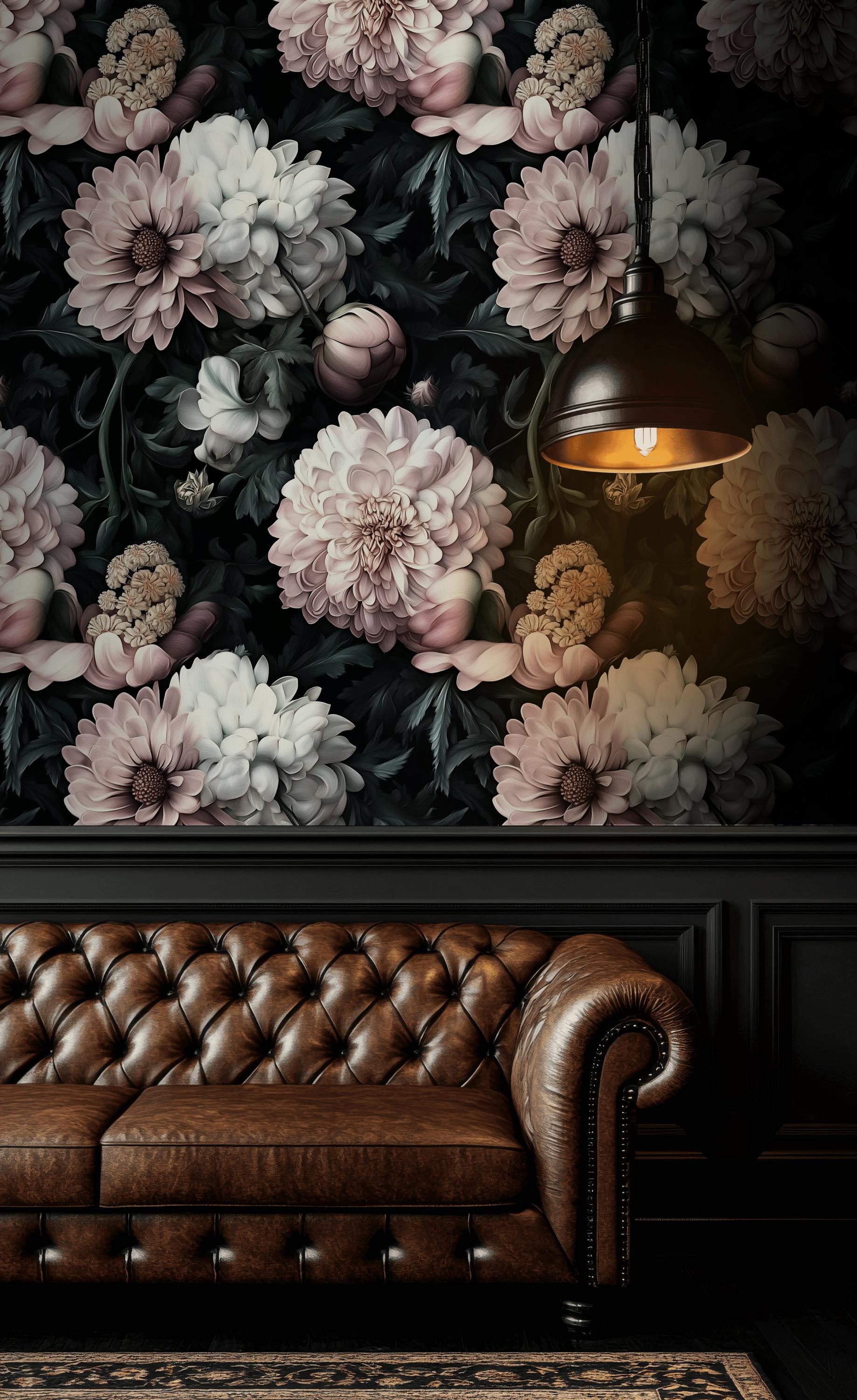 Elegant Floral Wallpaper Dark Botanical Wall Mural With Vintage Peony ...