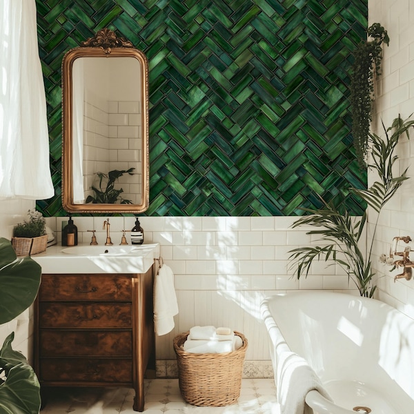 Emerald Tile Wallpaper Green Peel And Stick Geometric Decorative Mural