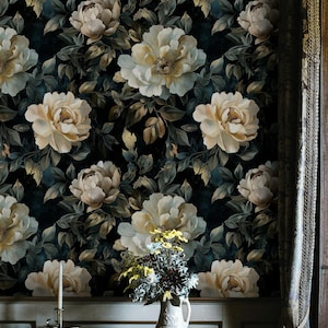 Peony Floral Wallpaper Cream Blossom Peel And Stick Dark Botanical Decorative Mural