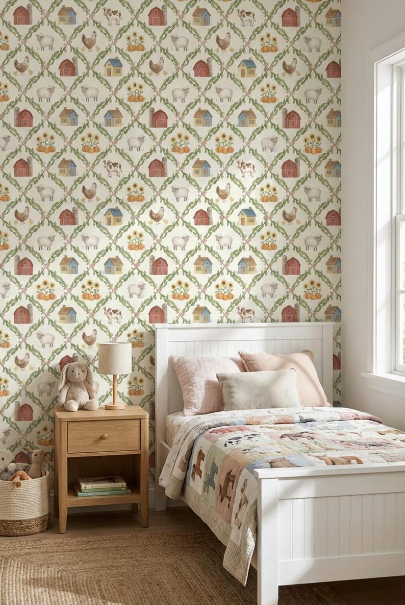 Farmhouse Wallpaper Watercolor Peel and Stick Country Decorative Mural ...