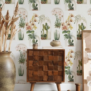 Carta da parati con cactus e orchidee / Decorazione murale moderna per giardino nel deserto