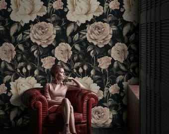 Dark Floral Wallpaper Mural Moody Rose Oil Painting Wall Art Elegant ...