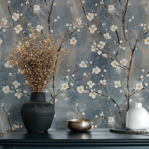 Cherry Blossom Wallpaper | Slate Blue Wall Mural Japanese Floral Peel and Stick Roll