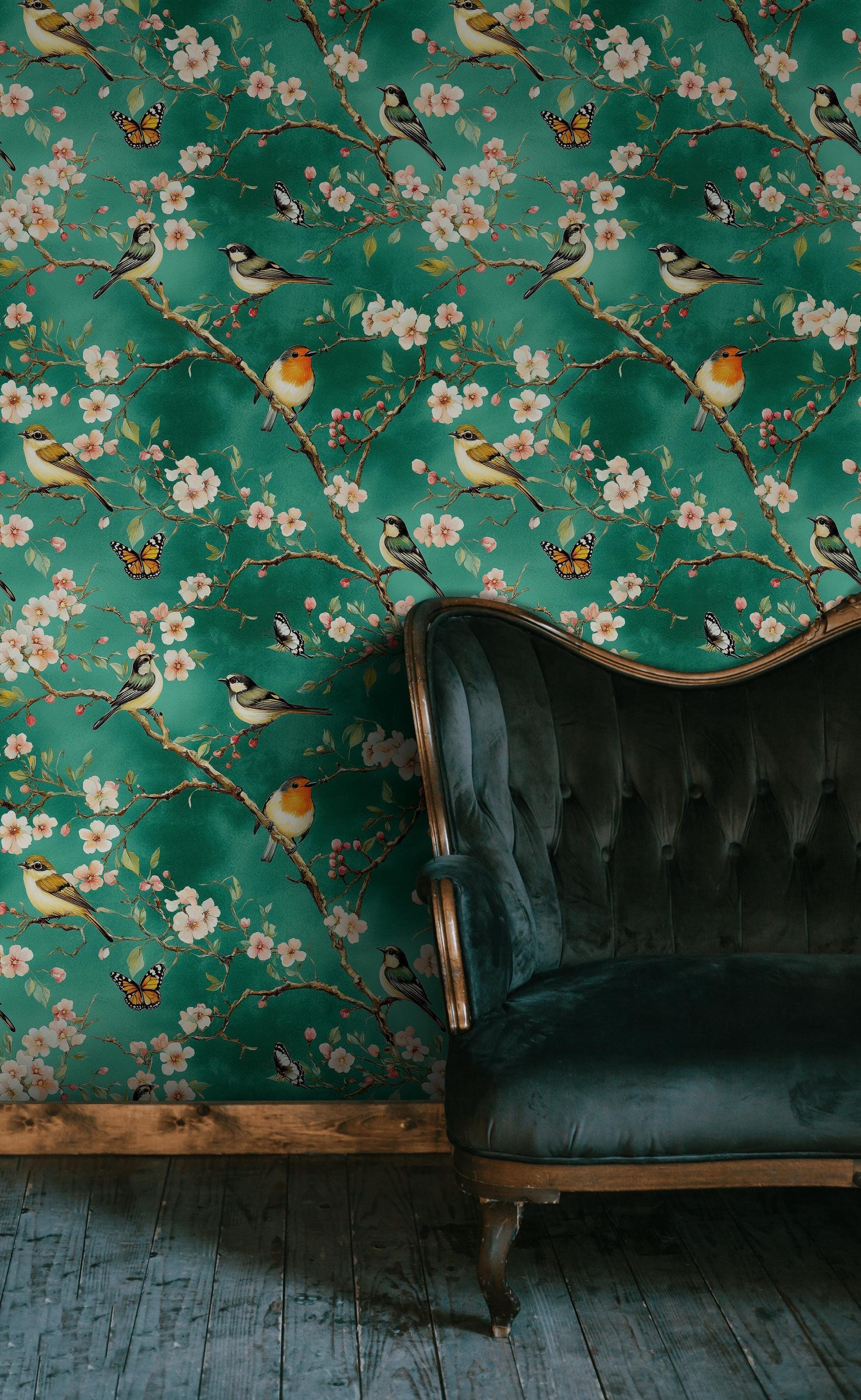 Emerald Green Floral Wallpaper Vintage Birds & Cherry Blossoms Wall ...