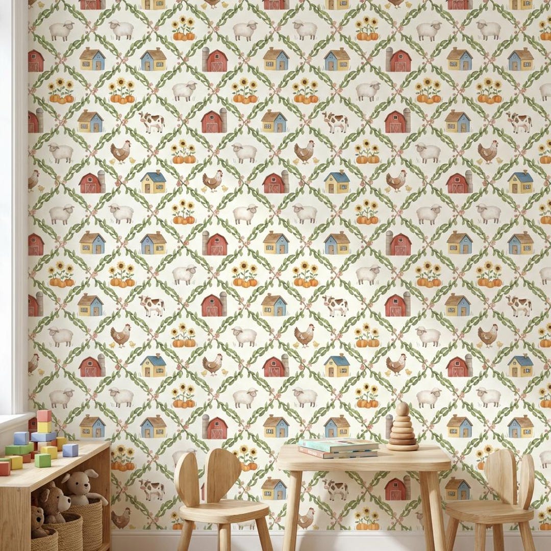 Farmhouse Wallpaper Watercolor Peel and Stick Country Decorative Mural ...