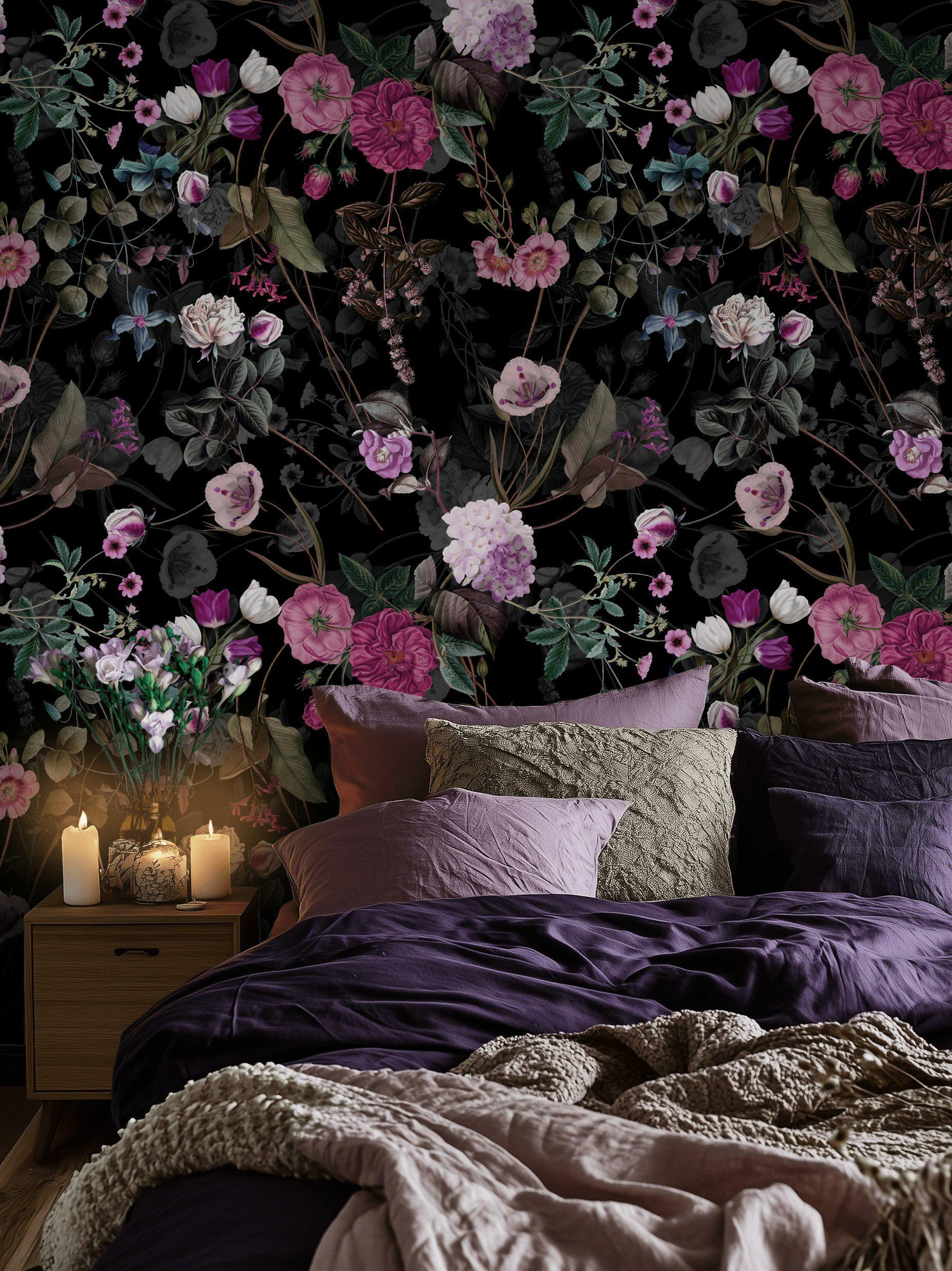 Floral Purple Wallpaper Elegant Dark Flower Wall Mural - Etsy