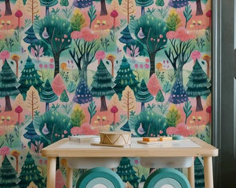 Enchanted Pastel Forest Wallpaper Wall Mural | Whimsical Kids Decor