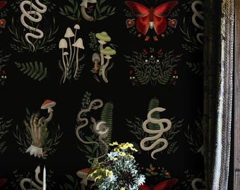 Mystical Snake Wallpaper Gothic Botanical Wall Mural Dark Nature Peel and Stick Wall Art