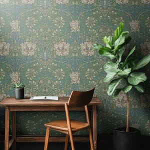 William Morris Wallpaper Honeysuckle & Tulip in Green Peel and Stick Arts and Crafts Wall Mural