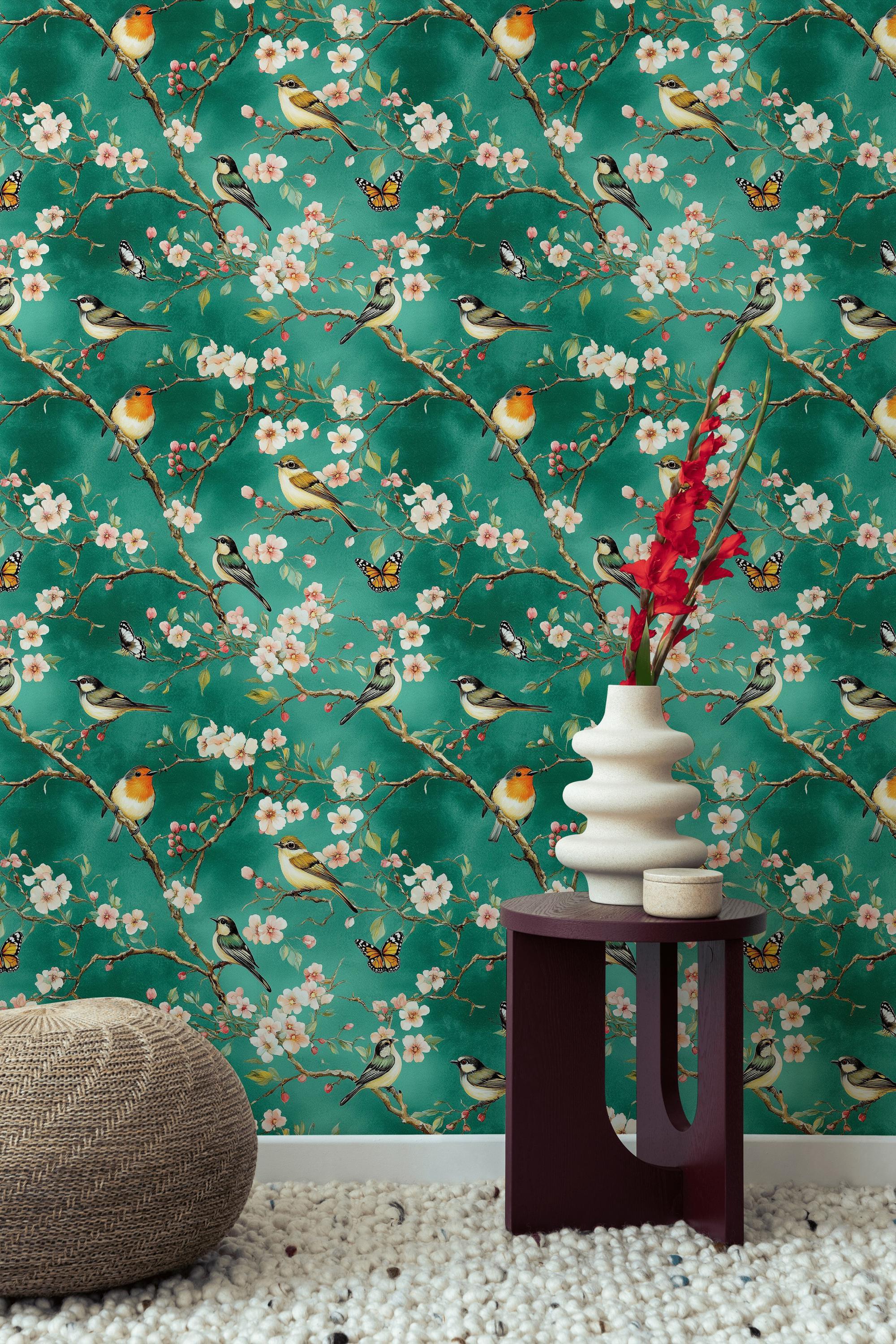 Emerald Green Floral Wallpaper Vintage Birds & Cherry Blossoms Wall ...